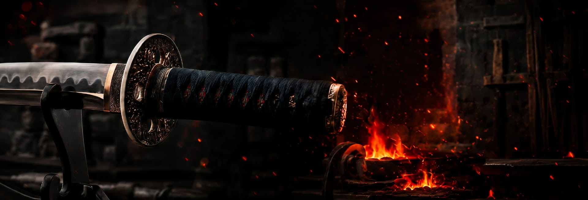 Katana japonais posé sur un support devant une forge
